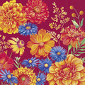 Padrão floral colorido com flores amarelas, vermelhas, azuis e laranja em fundo vermelho.