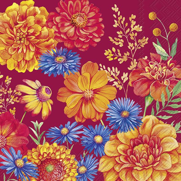 Padrão floral colorido com flores amarelas, vermelhas, azuis e laranja em fundo vermelho.