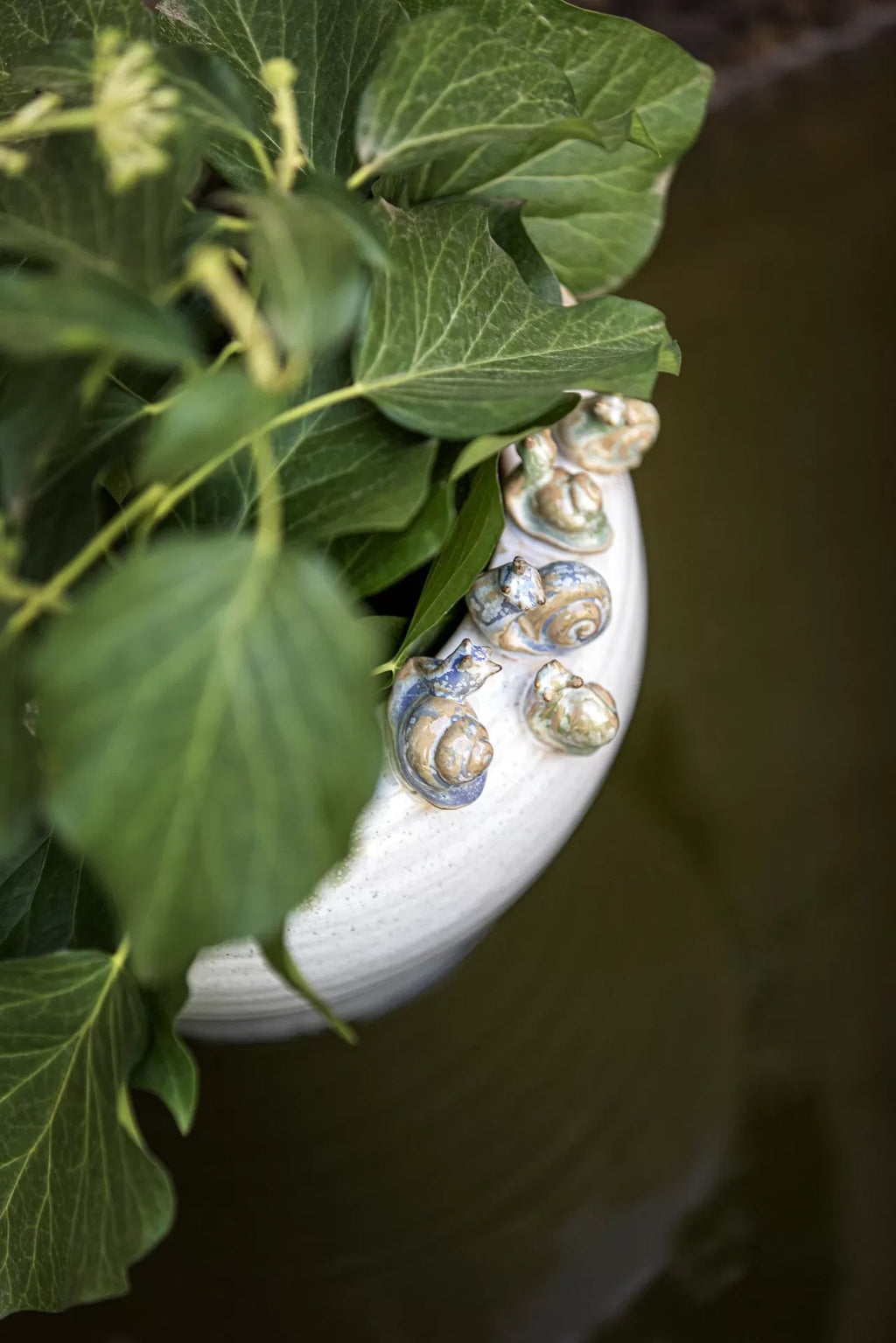Vaso branco com decoração de caracóis azuis e bege e plantas com folhas verdes