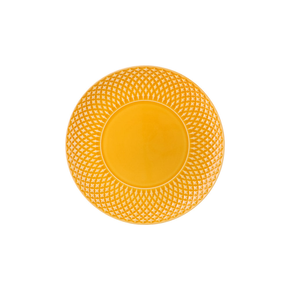 Prato amarelo de cerâmica com padrão geométrico em relevo