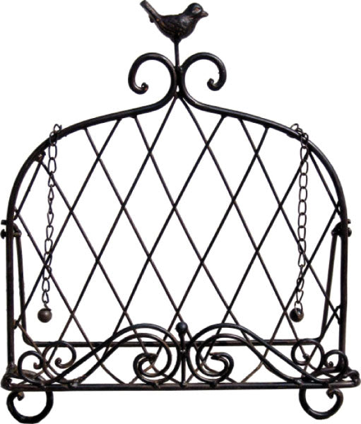 porta-folhetos decorativo em metal preto com pássaro e padrão cruzado