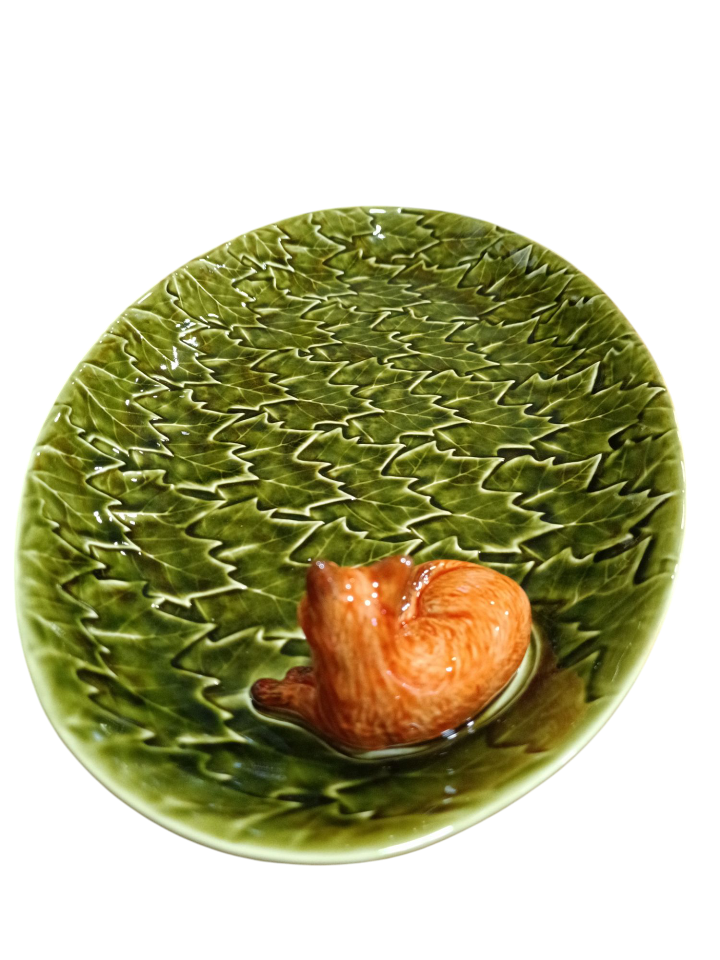 Prato oval decorativo verde com figura de esquilo em cerâmica