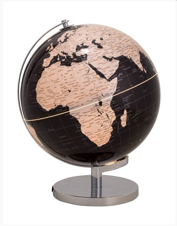 Globo terrestre decorativo com base metálica e mapa em tons bege e preto