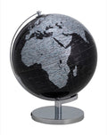 Globo terrestre preto e cinzento em suporte metálico redondo