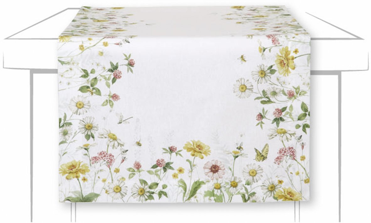 Caminho de mesa branco com flores coloridas