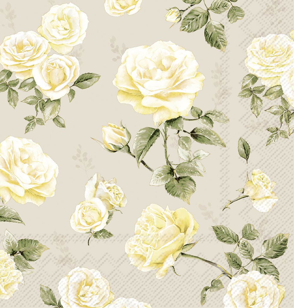 Papel de parede bege com padrão de rosas amarelas e folhas verdes