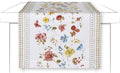 Toalha de mesa branca com flores coloridas e bordas xadrez bege