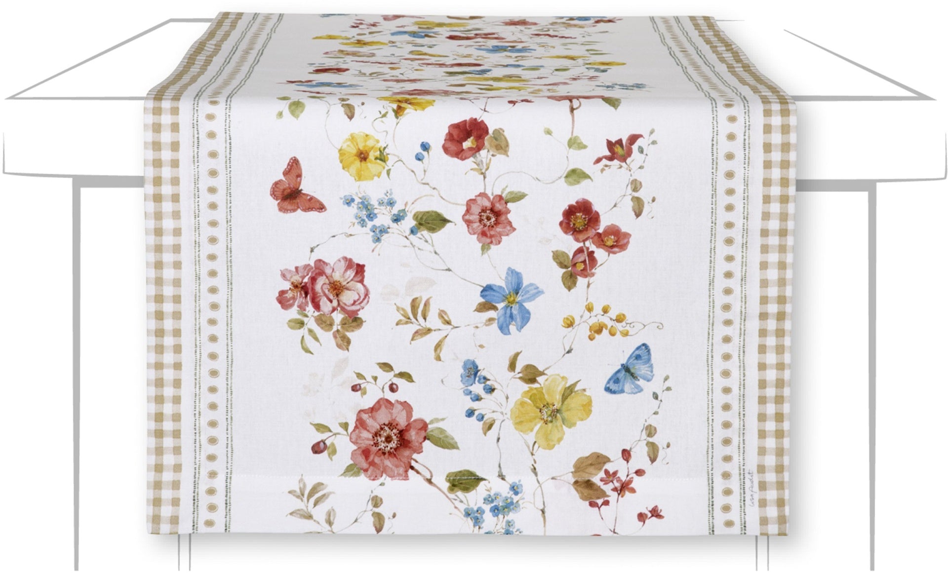 Toalha de mesa branca com flores coloridas e bordas xadrez bege