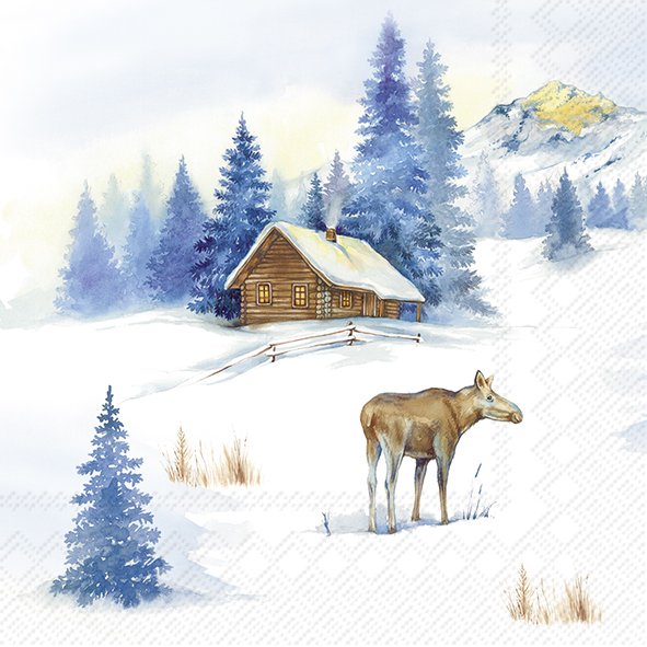 Cabana de madeira na neve com alce e árvores de pinheiro azuis