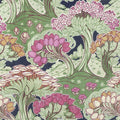 Padrão têxtil floral com árvores e flores em tons rosa e verde