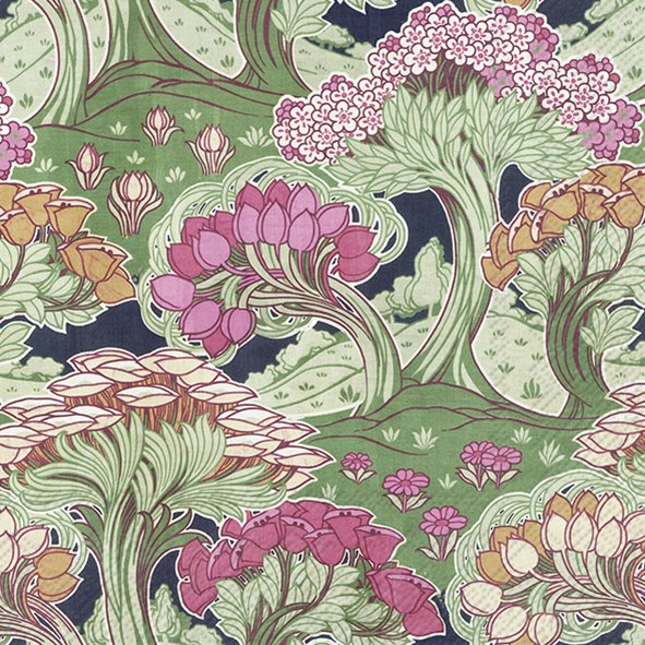 Padrão têxtil floral com árvores e flores em tons rosa e verde
