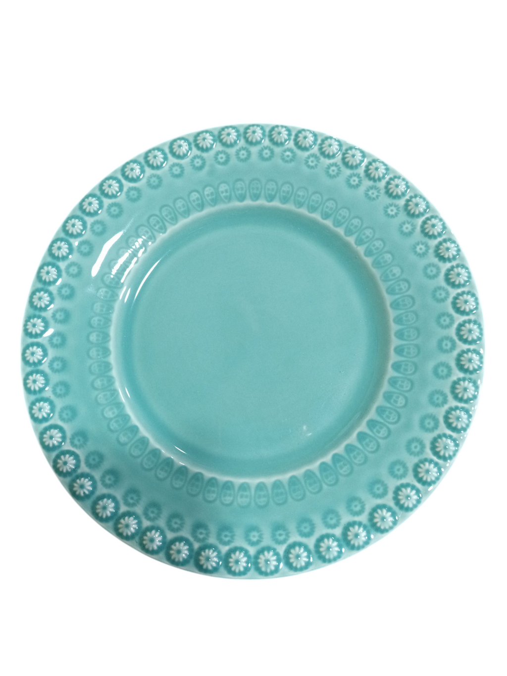 Prato azul turquesa com padrão floral branco na borda