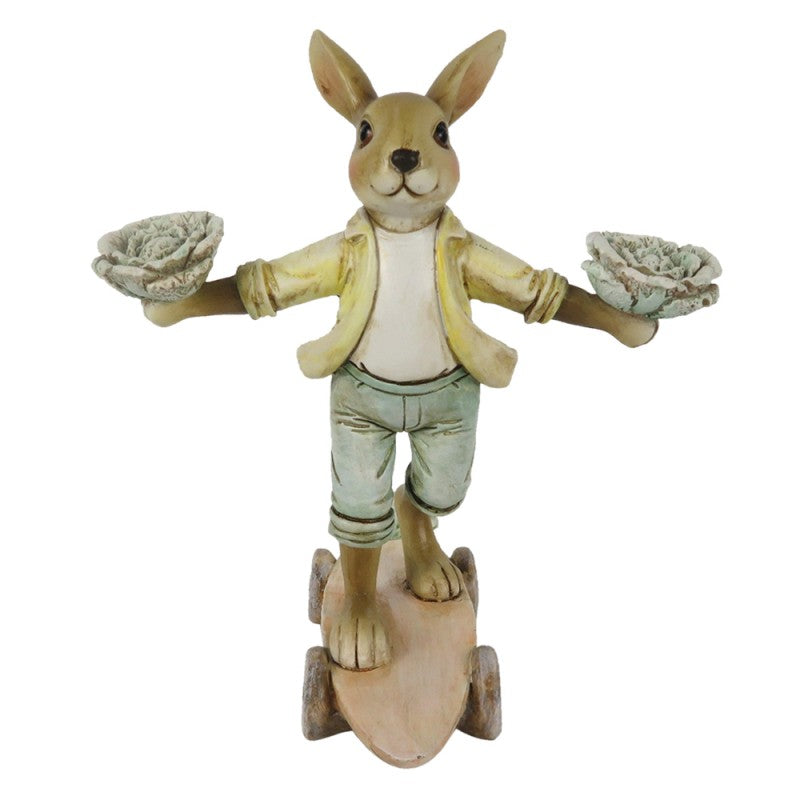 Estatueta decorativa de coelho em skate com flores