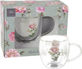 Caneca de vidro dupla parede com desenho de rosas e embalagem decorada