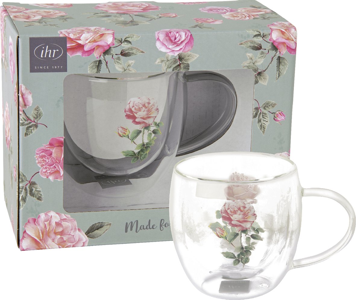 Caneca de vidro dupla parede com desenho de rosas e embalagem decorada
