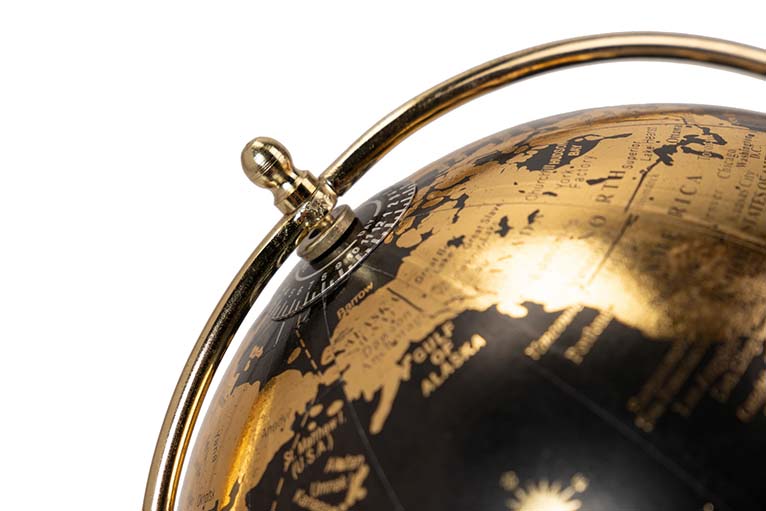 Globo terrestre decorativo preto e dourado com aro metálico