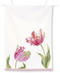 Toalha branca com flores cor-de-rosa e verde pendurada