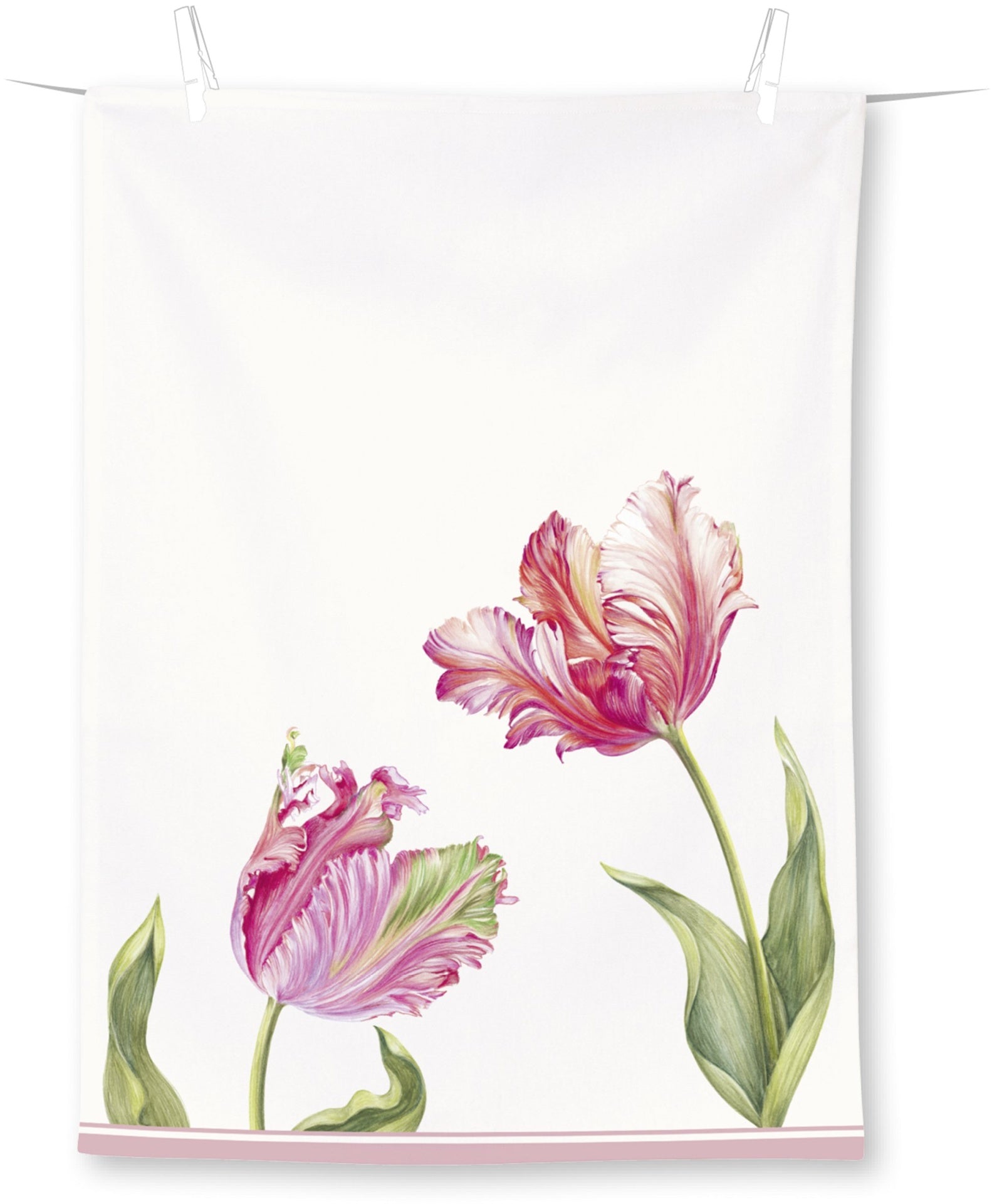 Toalha branca com flores cor-de-rosa e verde pendurada