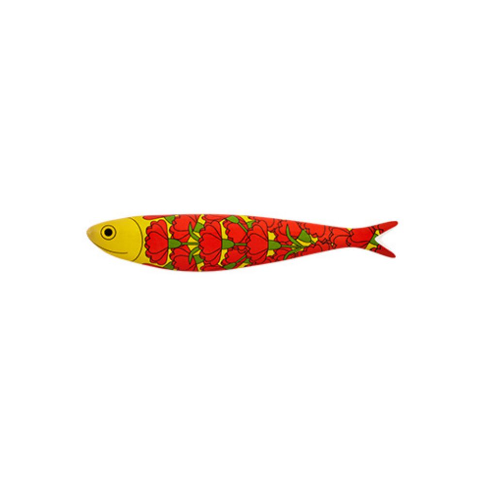 Isca de pesca com padrão floral vermelho e amarelo