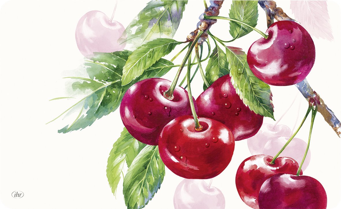 Ilustração de cerejas vermelhas com folhas verdes e gotas de água