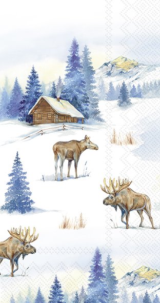 Ilustração de cabana na neve com pinheiros, montanhas e alces