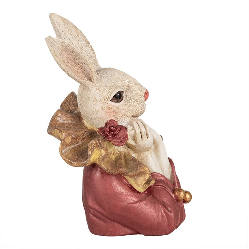 Figura decorativa de coelho branco com casaco vermelho e gola dourada