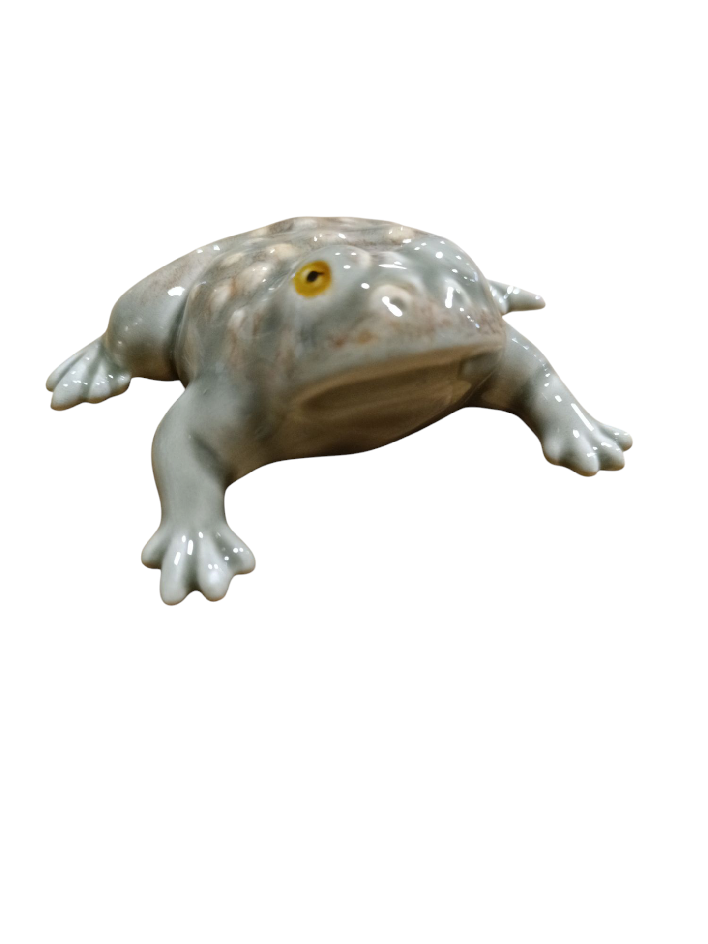 Figura cerâmica sapo cinzento com manchas e olhos amarelos