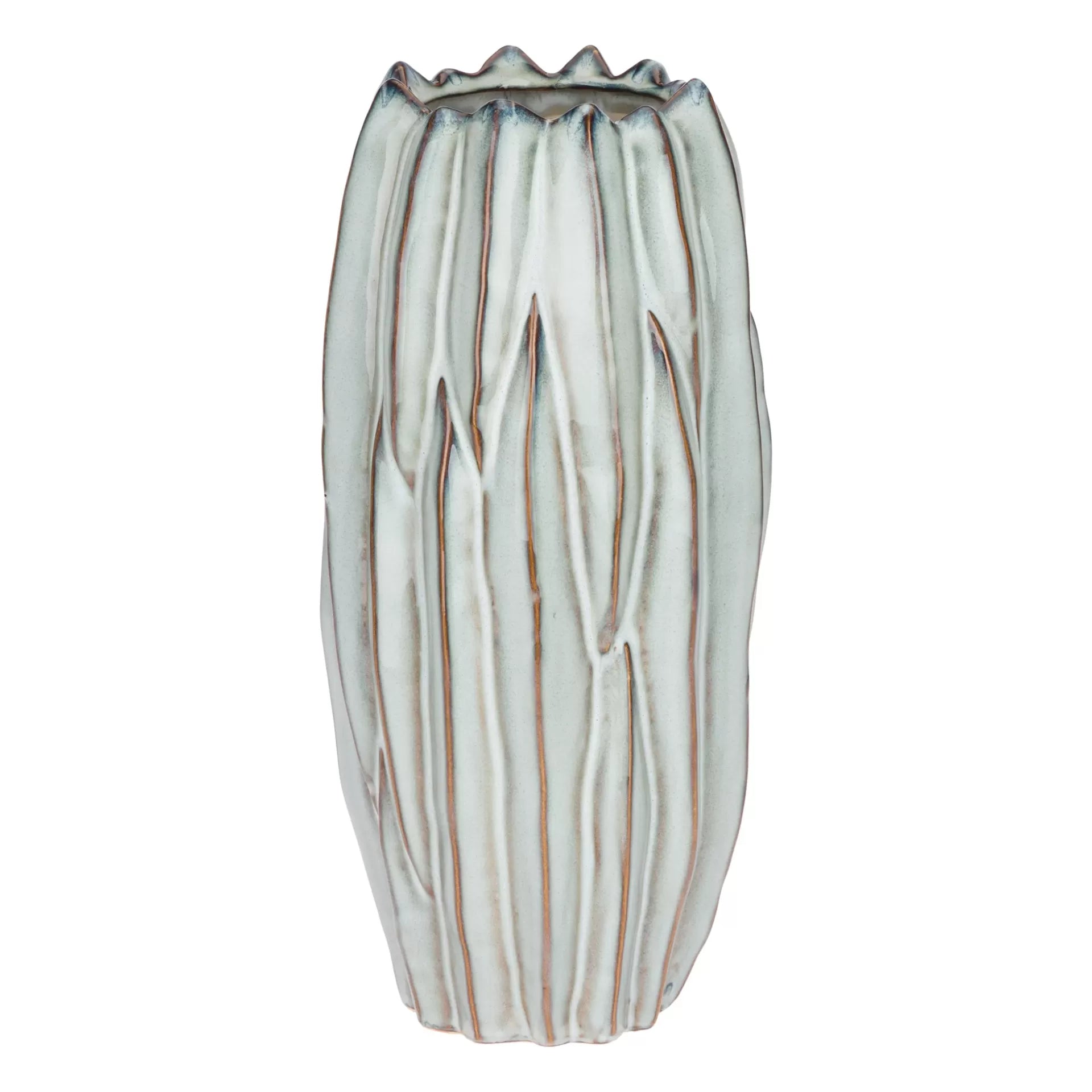 Vaso de cerâmica cinza com textura irregular e borda ondulada