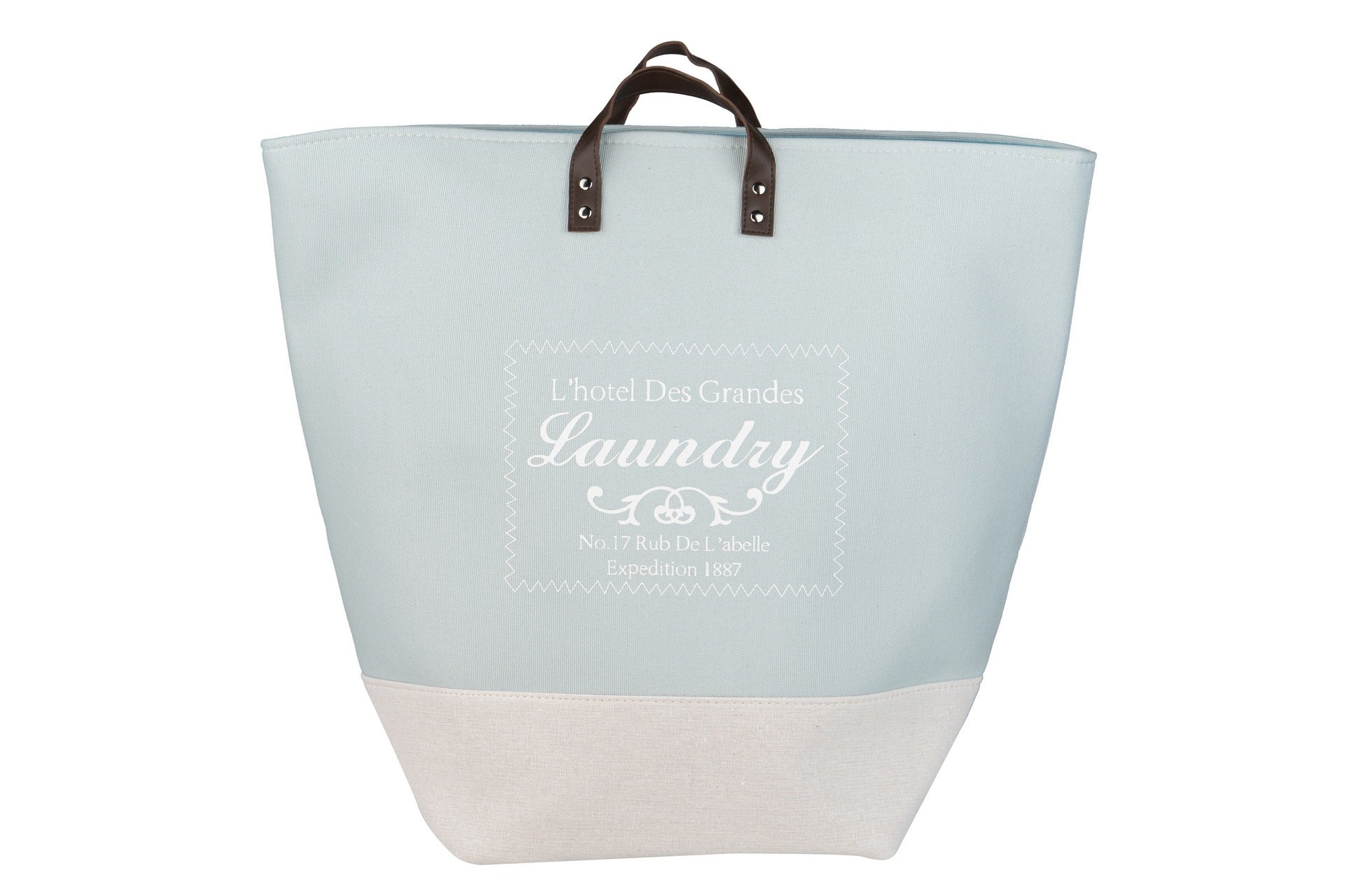 Saco de roupa suja azul claro com base bege, alças castanhas e texto branco