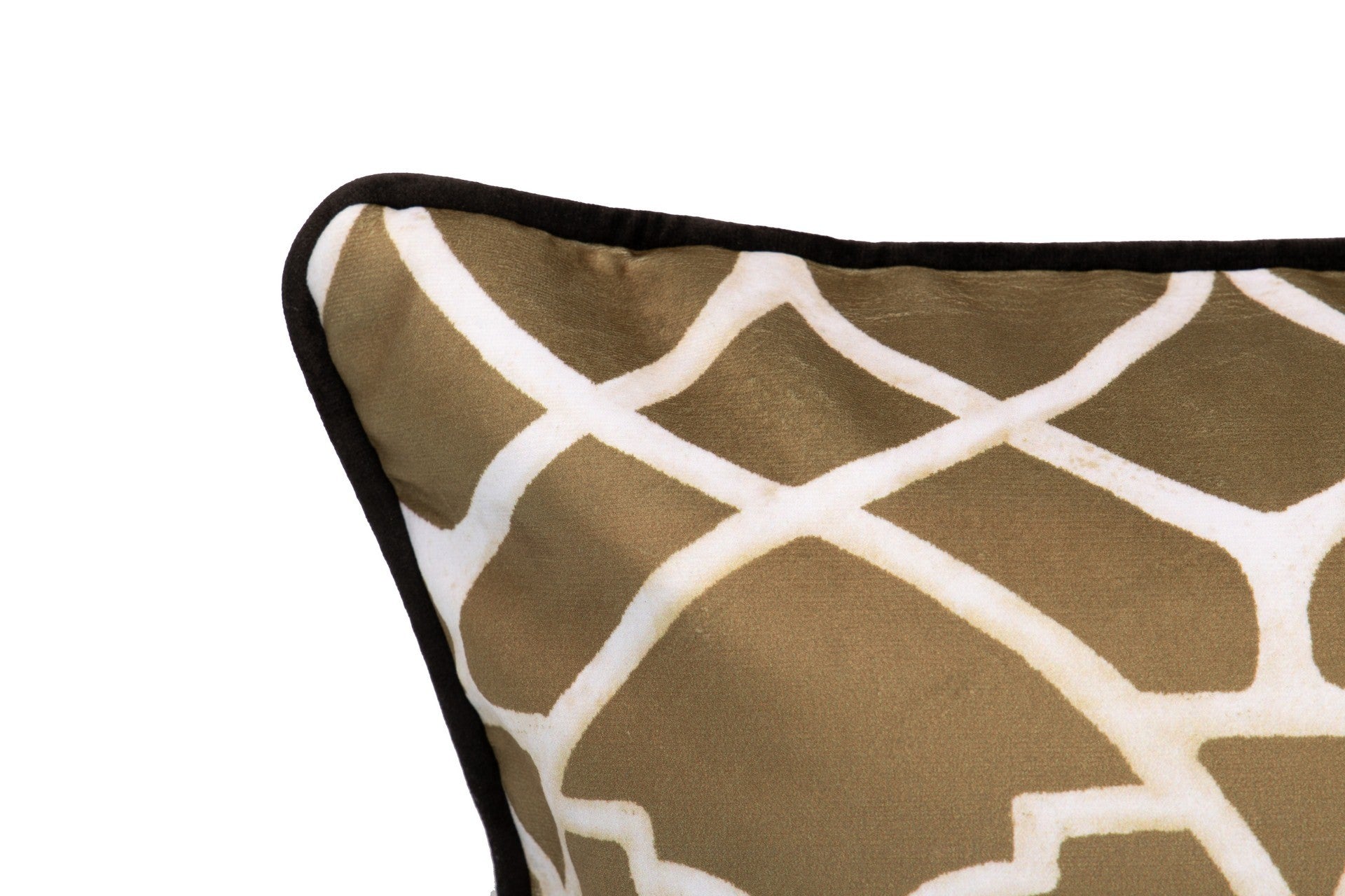 Travesseiro decorativo castanho com padrão branco e borda preta