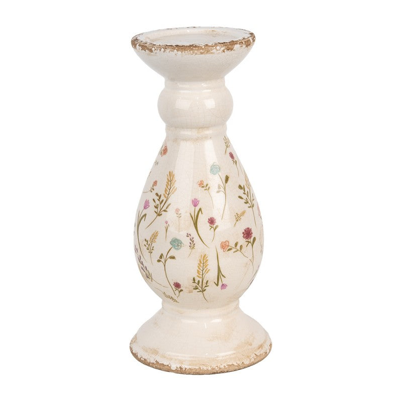 Castiçal de cerâmica creme com padrão floral colorido