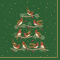 Guardanapo verde com pássaros e ramos de pinheiro formando árvore de Natal