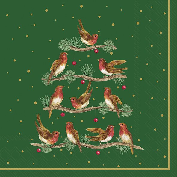 Guardanapo verde com pássaros e ramos de pinheiro formando árvore de Natal