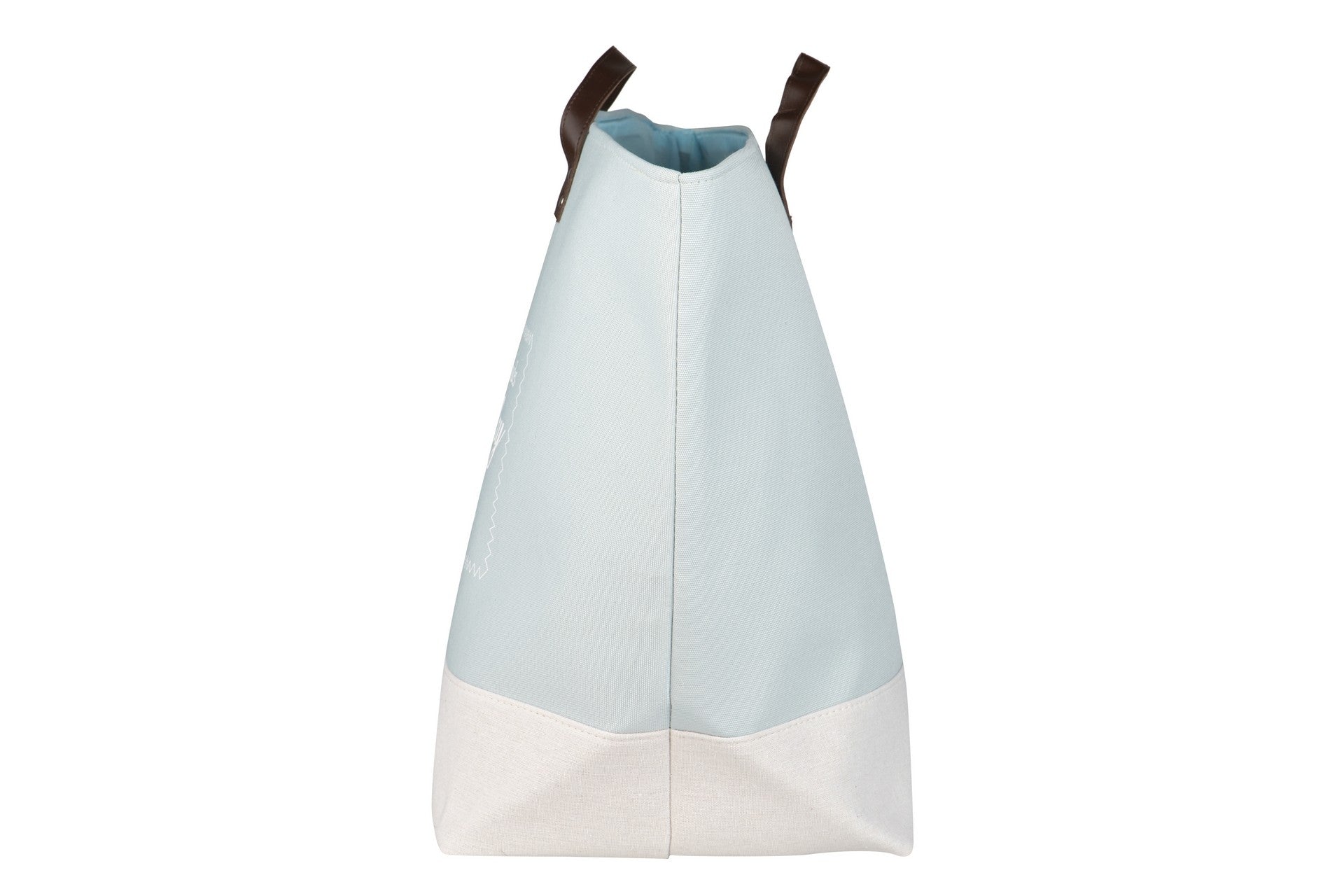 Mala tipo saco azul claro com base creme e alças castanhas