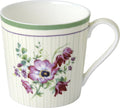 Caneca branca com flores roxas e borda verde