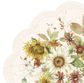 Toalha ou guardanapo com padrão floral de girassóis e outras flores sobre fundo bege com borda ondulada