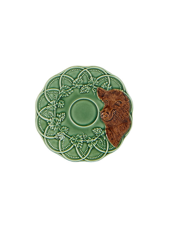 Prato decorativo verde com cabeça de javali em relevo