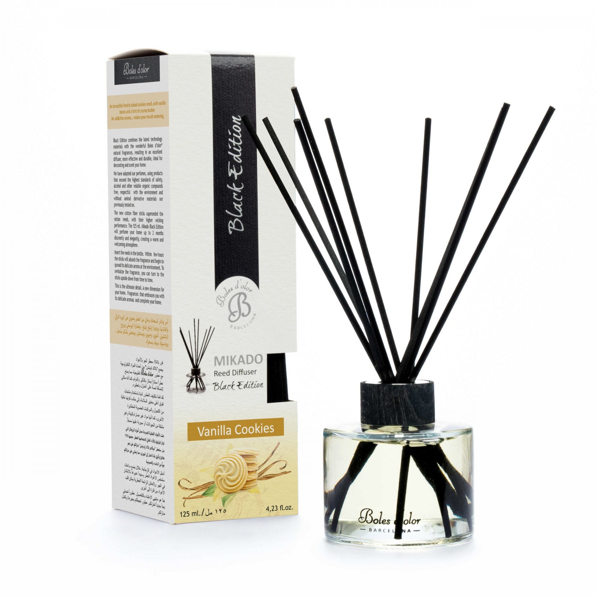 Difusor de varetas Mikado Vanilla Cookies Boho Color em vidro e embalagem branca