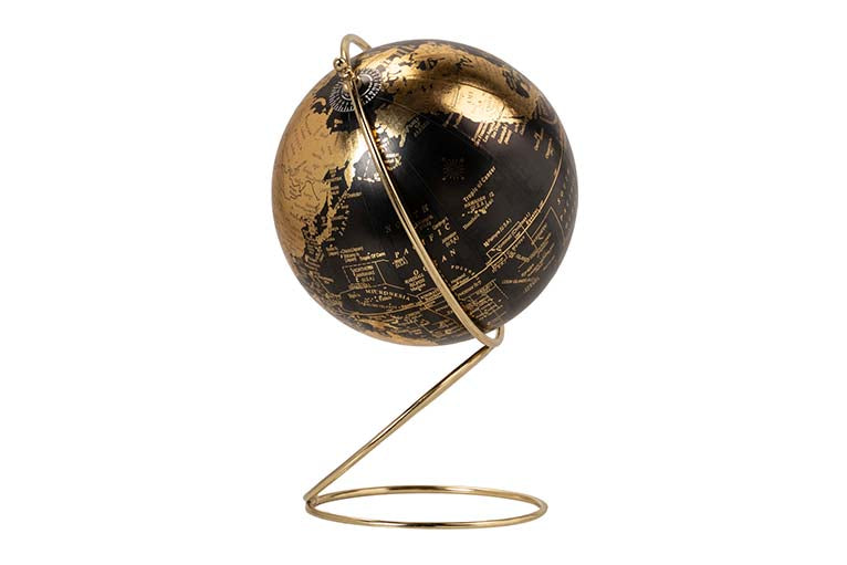Globo terrestre decorativo preto com base metálica dourada