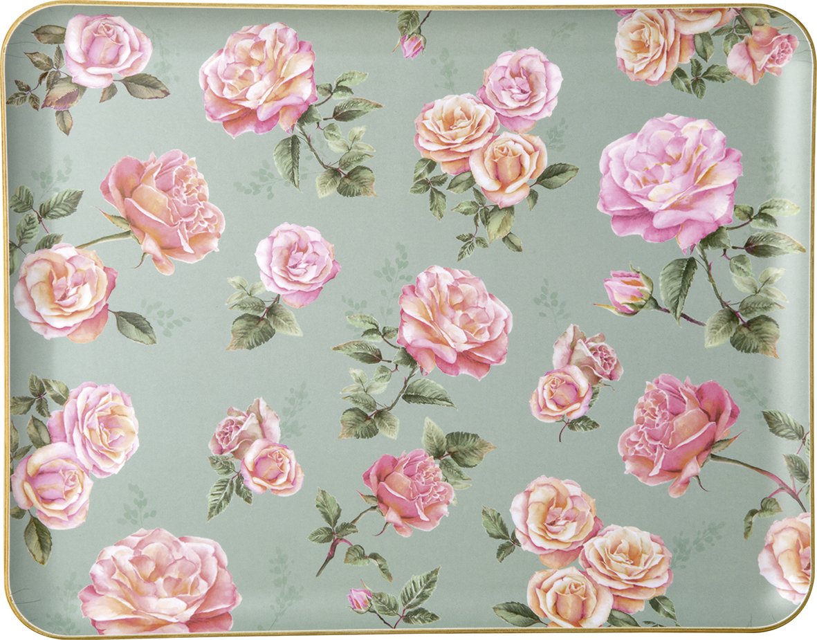 Tabuleiro retangular azul claro com flores de rosas cor-de-rosa e salmão