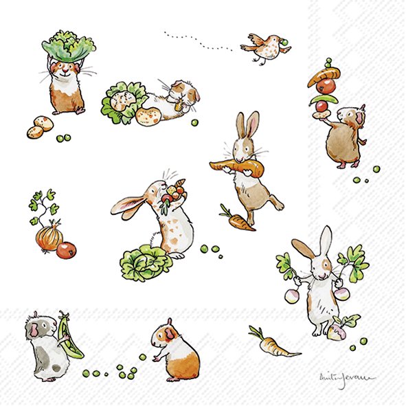 Ilustrações de animais pequenos e legumes sobre fundo branco com padrão leve