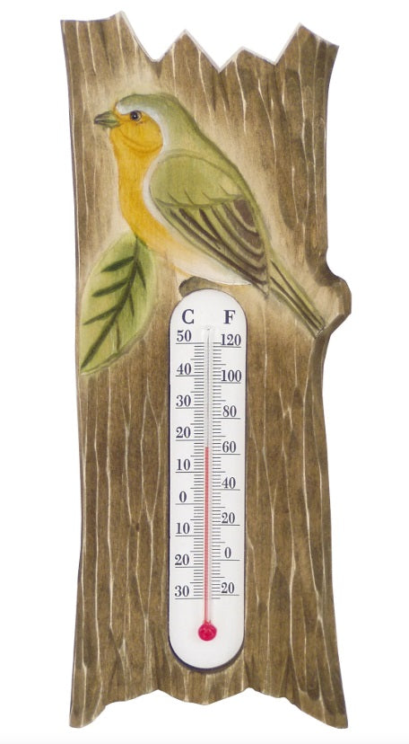 Termómetro decorativo em madeira com figura de pássaro e escala em Celsius e Fahrenheit