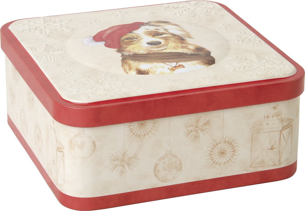 Caixa metálica decorativa com cão de Natal