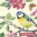 Guardanapo de papel com ilustração de ave e flores e texto Emma Bridgewater