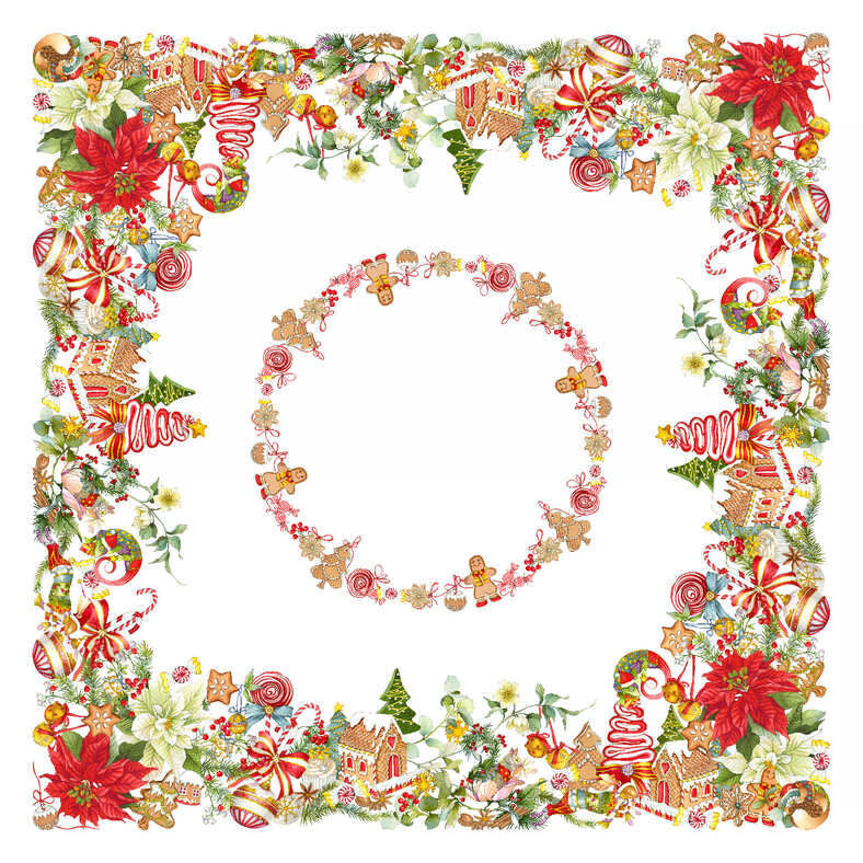 Moldura decorativa natalícia com flores, bolachas e doces