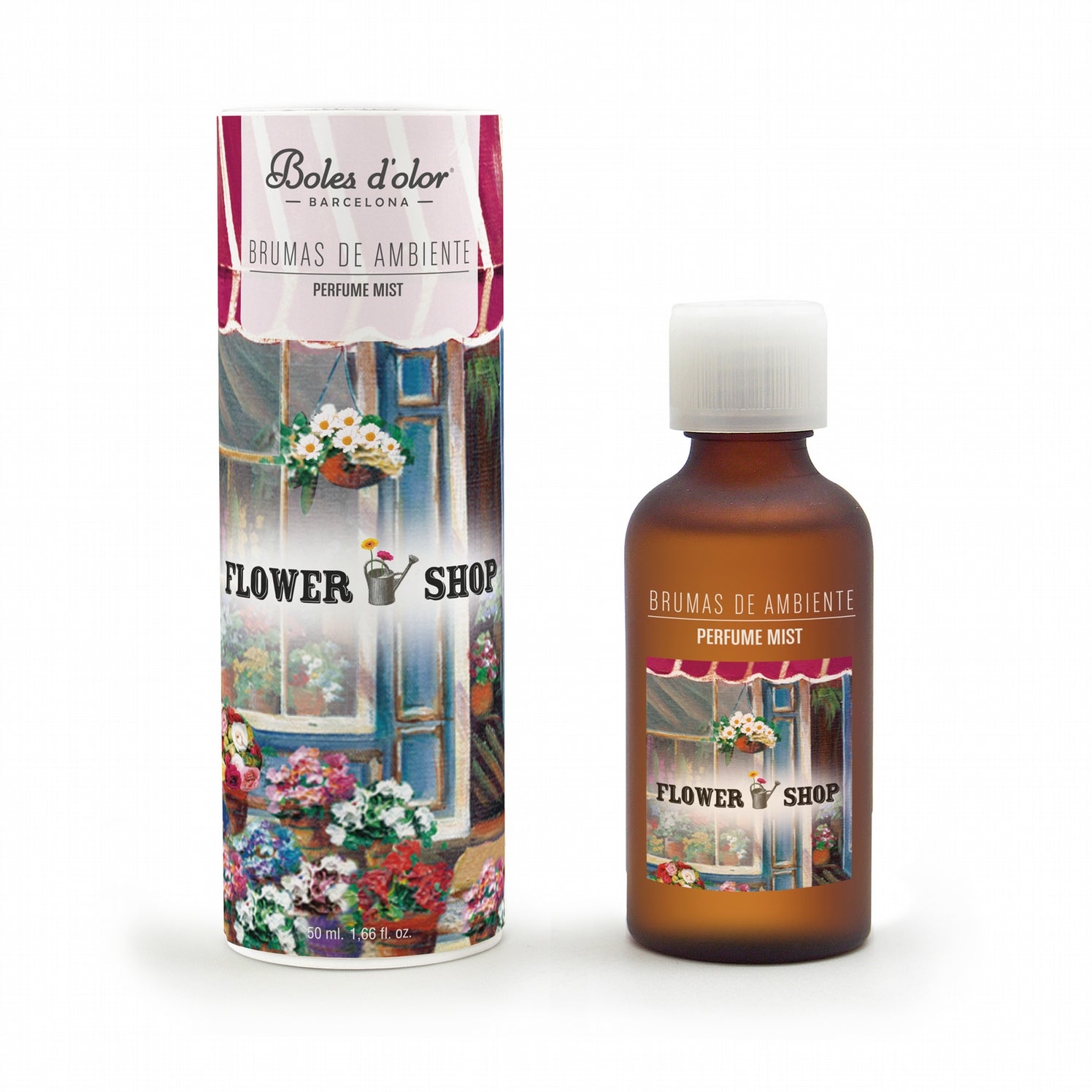 Frasco e caixa de bruma ambiente Flower Shop com ilustração de flores e janela