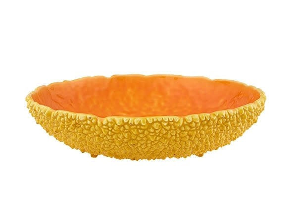 Taça decorativa redonda amarela e laranja com textura exterior rugosa