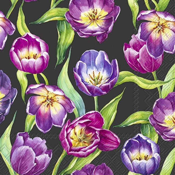 Padrão floral colorido com tulipas roxas e verdes sobre fundo preto