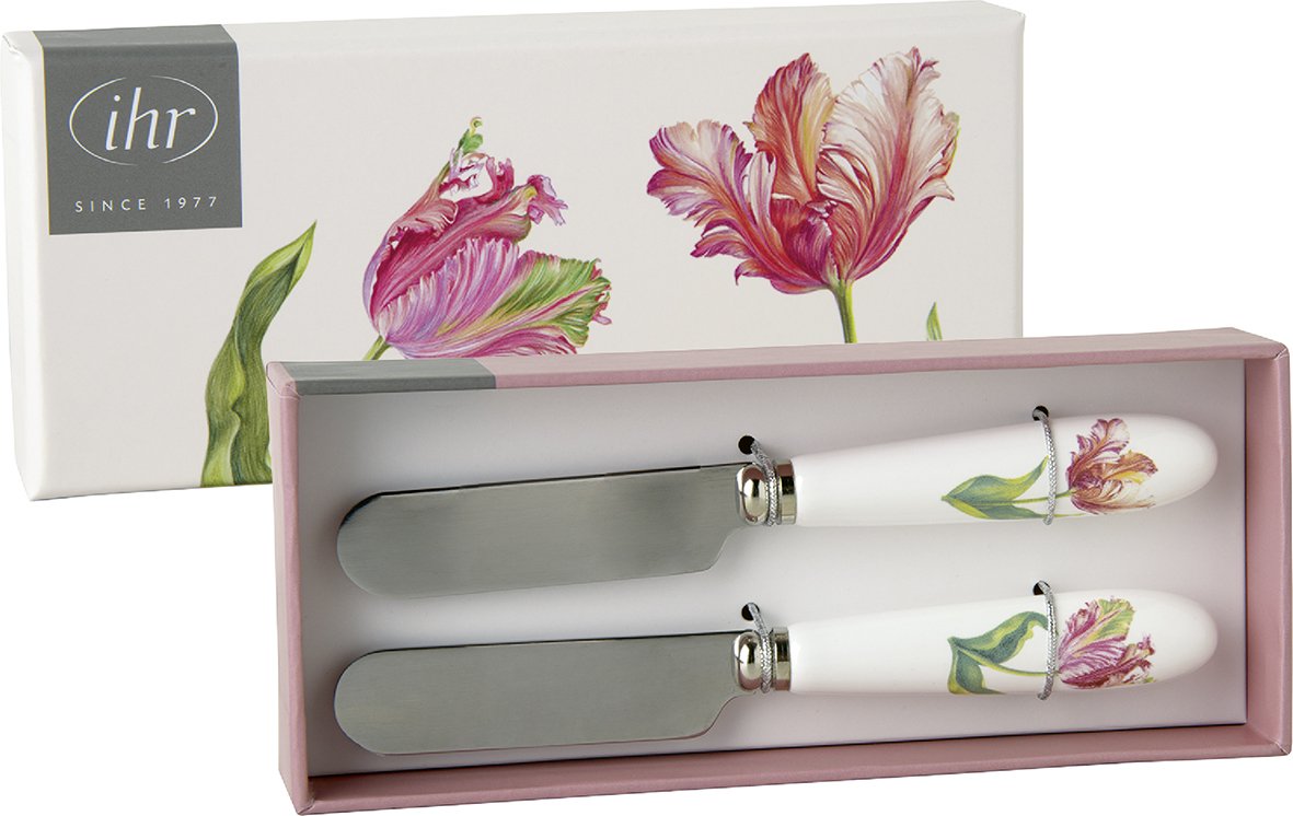 Conjunto de duas espátulas com cabos brancos e decoração floral em caixa com tampa com flores e logótipo ihr