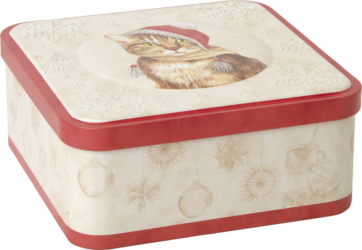 Caixa quadrada decorativa em metal com ilustração de gato e padrão de bolas e flocos de neve